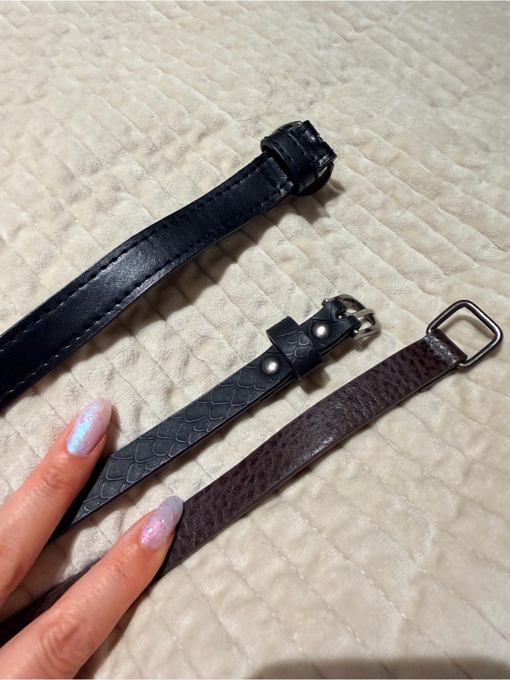 Women's Black and Brown Leather Skinny Belt Trio - Classic and Textured Styles